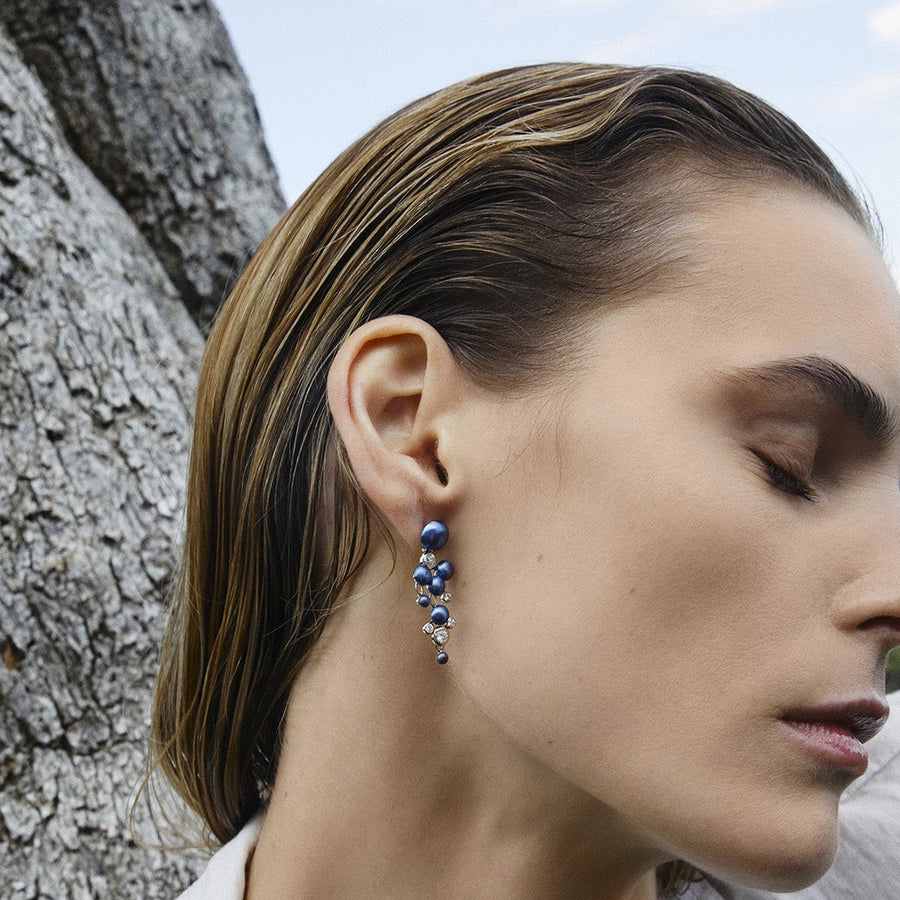 Chandelier Diamond and Cabochon Embrasse Moi Titanium "Sapphire Blue" Earrings