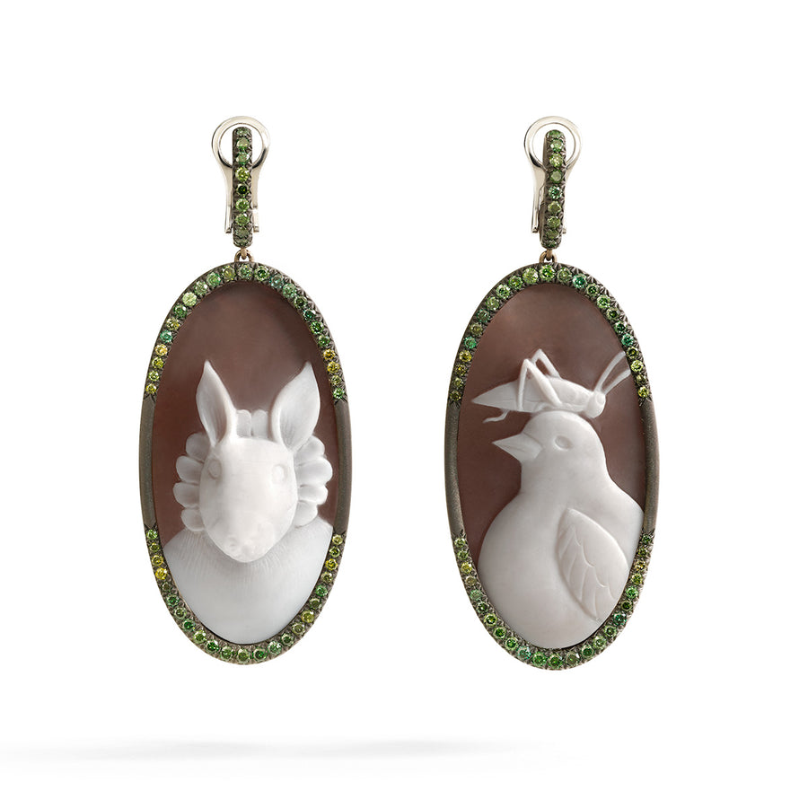 Cameo Earrings "Noble Bunny and Robin Lawyer with Talking Cricket"